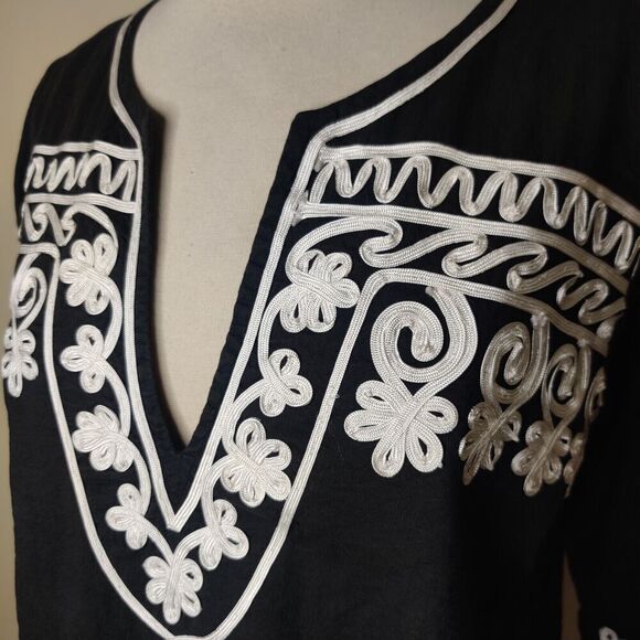 Barbara Gerwit Embroidered Tunic Top Black Cotton Side Slits - Picture 4 of 10